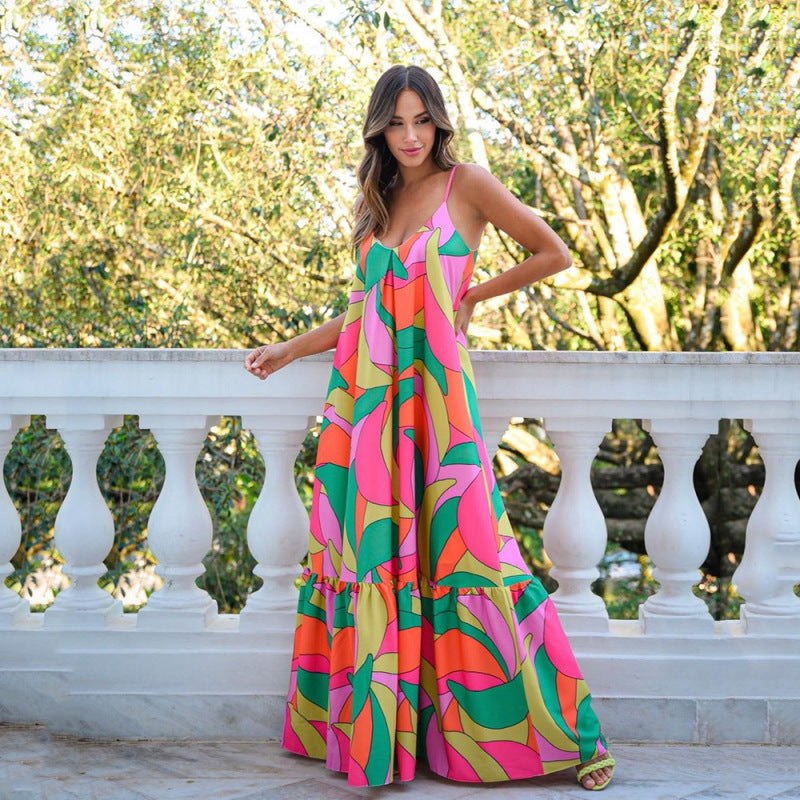 Fashion Summer Women's Deep V Backless Boho Style Maxi Dress