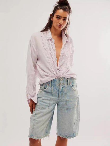 Camisa de lino y algodón con encaje de color liso a la moda para mujer