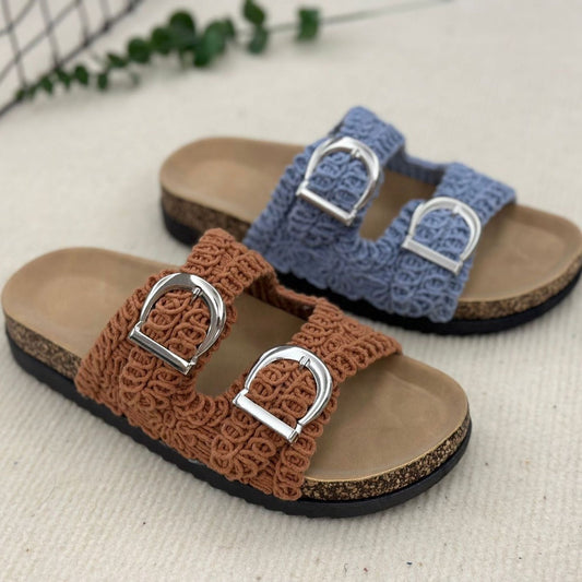 Women's Casual Vacation Woven Double Buckle Slippers