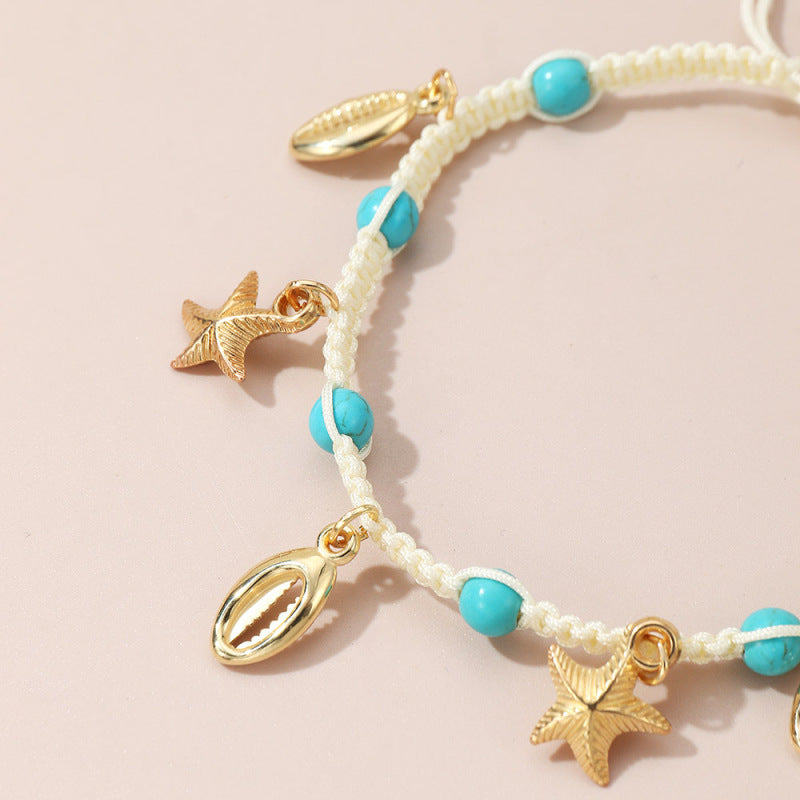 Tobillera con cuentas bohemias trenzadas de estrellas de mar y conchas