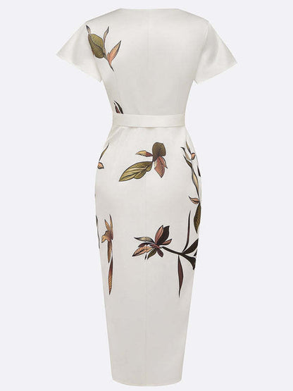 Robe décontractée en satin imprimé à manches courtes et col en V pour femme