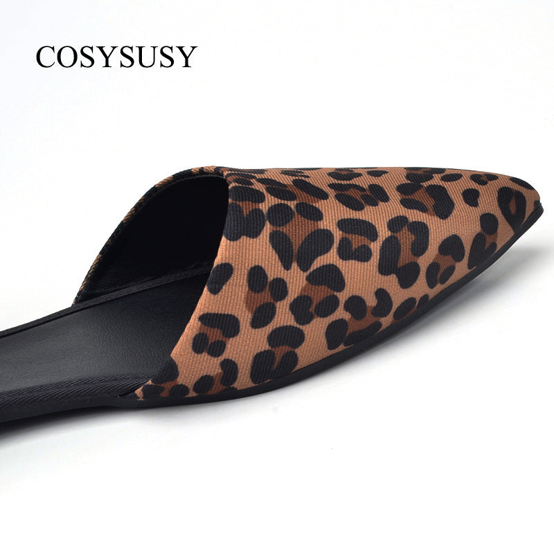 Women Chic Vintage Pointed Toe Leopard Flat Ankle Strap Sandals