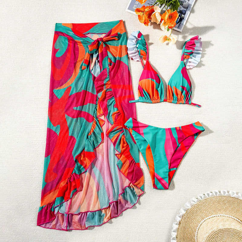 Traje de baño sexy con estampado multicolor para mujer, conjunto de tres piezas