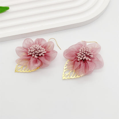 Women Fashion Mesh Chiffon Leaves Floral Earrings