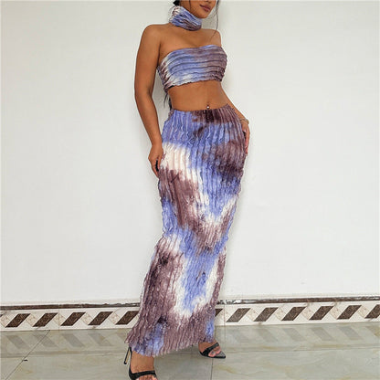 Summer Women Fashion Tie-Dye Tube Top Skirt Set