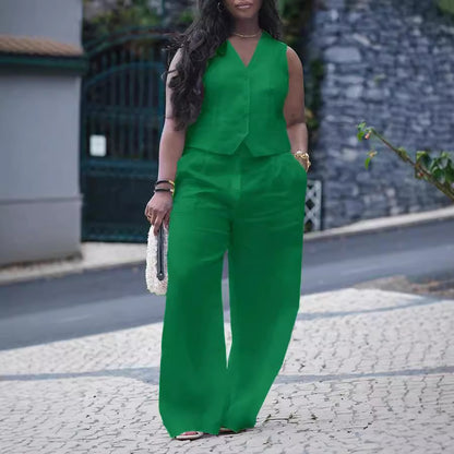 Ensemble débardeur et pantalon décontractés à col en V pour femmes, couleur unie