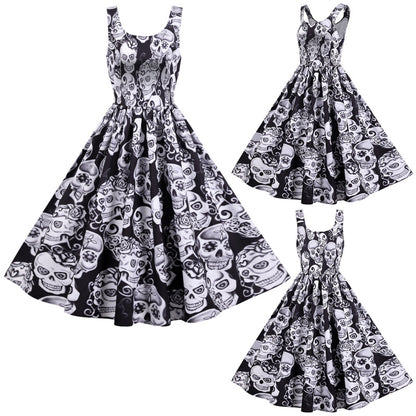 Women Casual Halloween Skull Print Sleeveless Dress