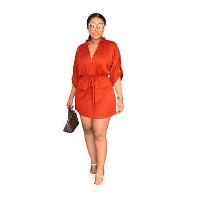 Women Fashion Casual Solid Color V-Neck Dress