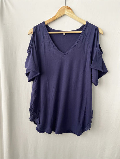 Camiseta informal holgada de manga corta con cuello en V para mujer