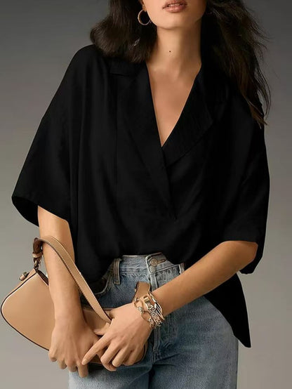 Blusa informal holgada de manga corta con solapa de color liso para mujer en poliéster