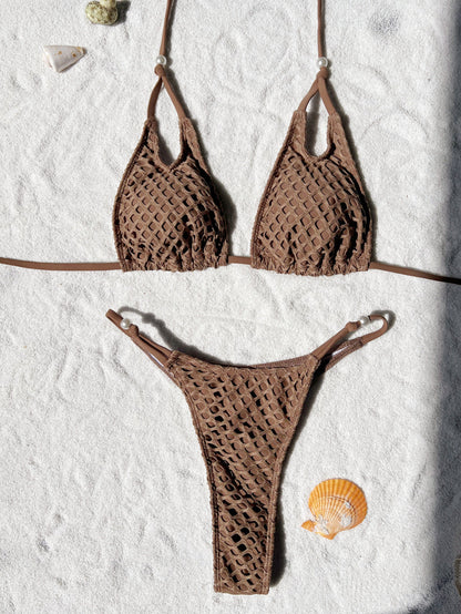 Bikini halter de color liso sin espalda para mujer