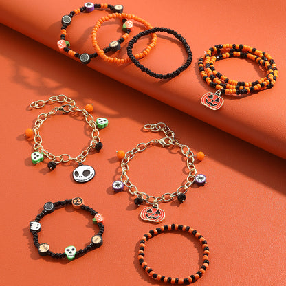 Pulsera de cuentas de calabaza y esqueleto de cerámica blanda para Halloween