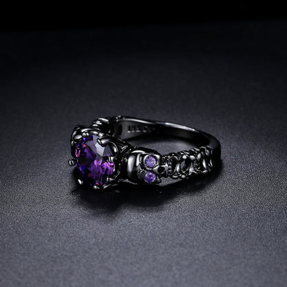 Anillo unisex de calavera de cobre con circonita morada para Halloween
