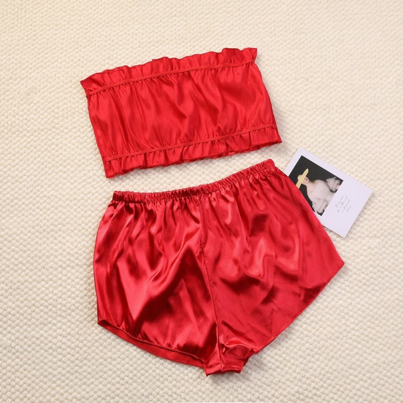 Women Sexy Solid Color Tube Top Satin Pajamas Two-Piece Set