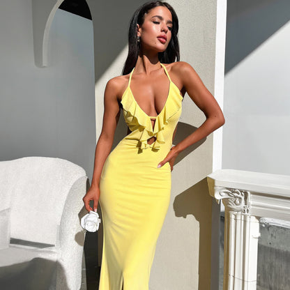 Women Fashion Sexy Solid Color Ruffled Dress