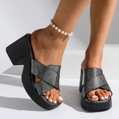 Pantuflas de plataforma con tacón alto grueso y punta cuadrada con tiras cruzadas