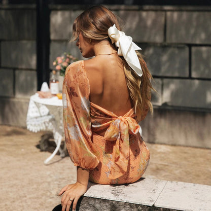 Summer Floral Printed Lantern Sleeves Dress in Chiffon