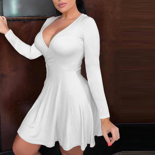 Women Fashion Solid Color Deep V Long Sleeve Dress