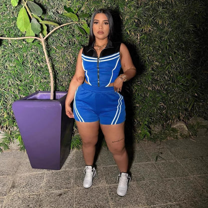 Conjunto de dos piezas de top y pantalones cortos sin mangas con costuras de rayas informales para mujer