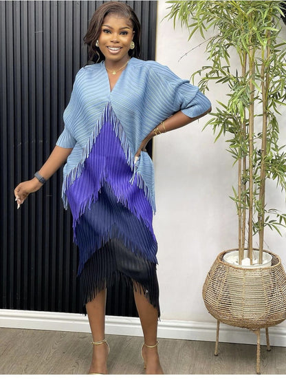 African Women Fashion Pleated Color Matching Dress