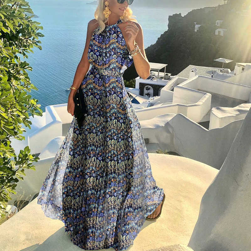 Women Fashion Casual Boho Polka Dot Printing Sleeveless Maxi Dress