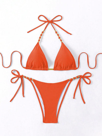 Bikini sexy de cuello halter de color sólido a la moda para mujer