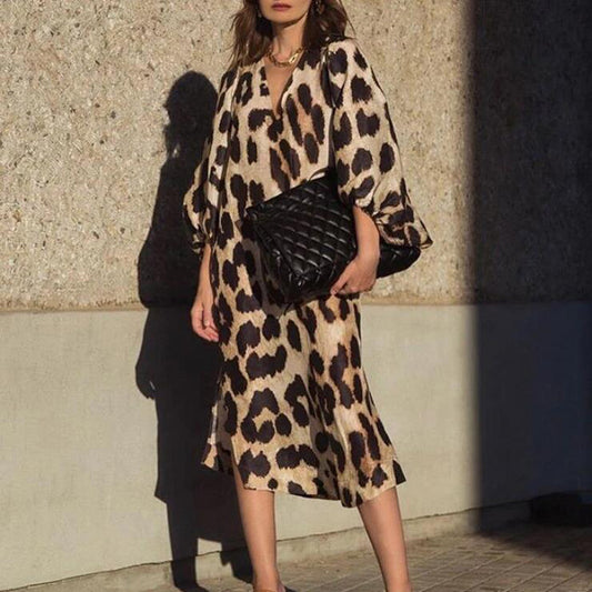 Vestido informal de leopardo con cuello en V y mangas abullonadas para mujer