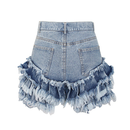 Women Fashion Wood-Ear Stitching High Waist Denim Shorts