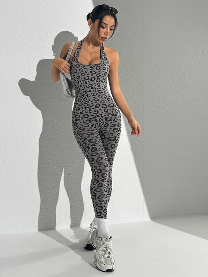 Seamless Leopard Printed Women Tight Halter Neck Yoga Jumpsuits