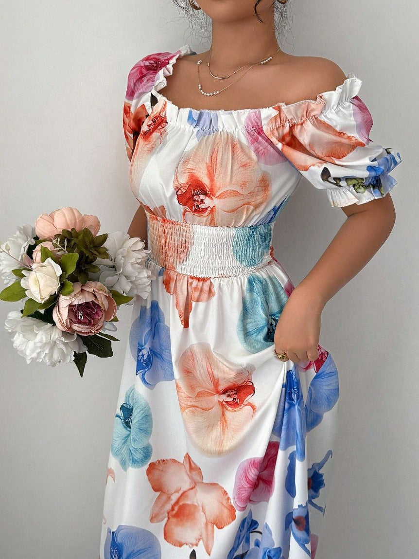 Women Fashion Casual Elegant Floral Printed Short-Sleeve Dress