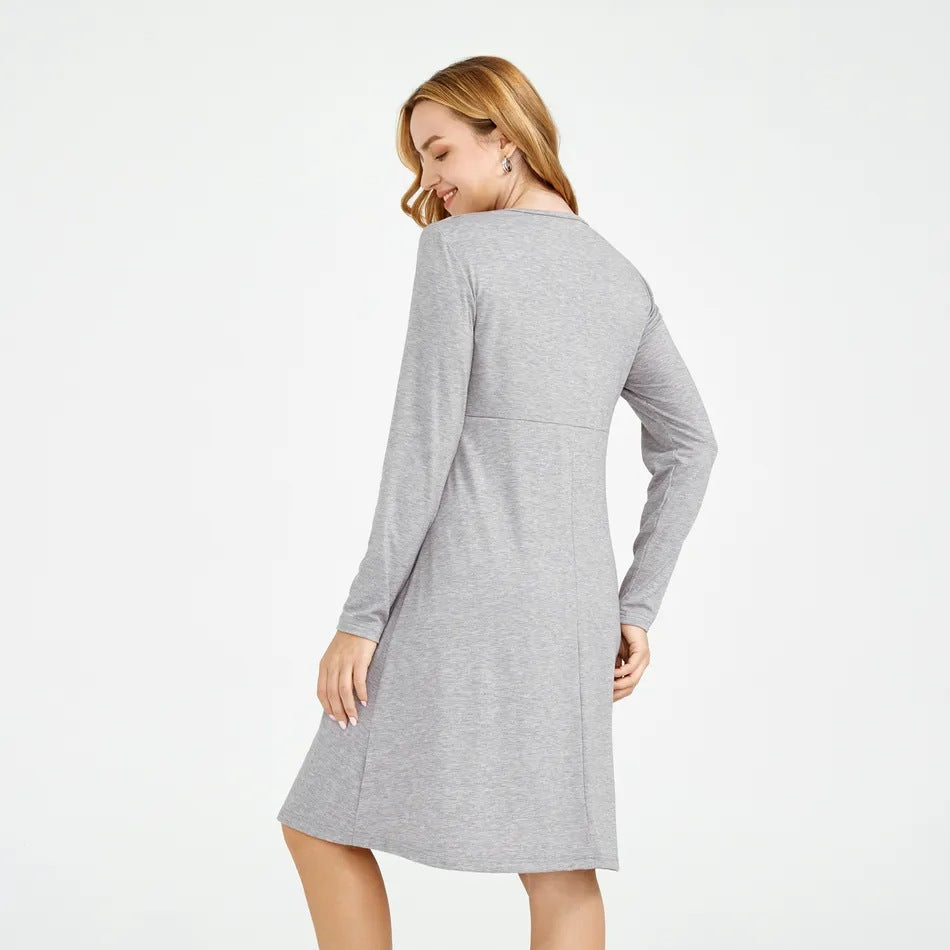 Vestido casual de cuello redondo de color sólido para mujeres embarazadas