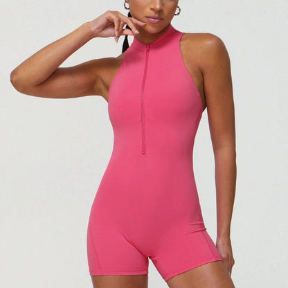 Combinaison moulante à fermeture éclair de couleur unie pour femme