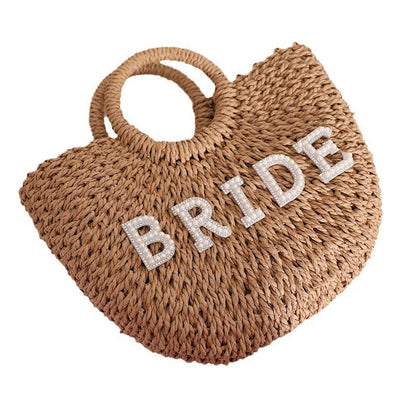 Bolso de mano de paja semicircular con letras de estilo bohemio