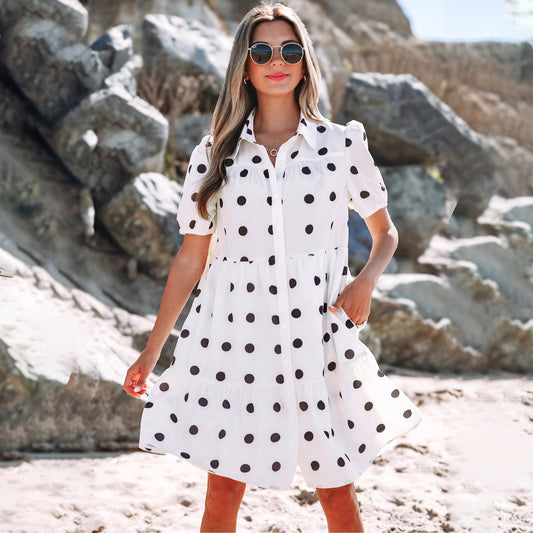 Women Fashion Casual Dot Print V-Neck Dress
