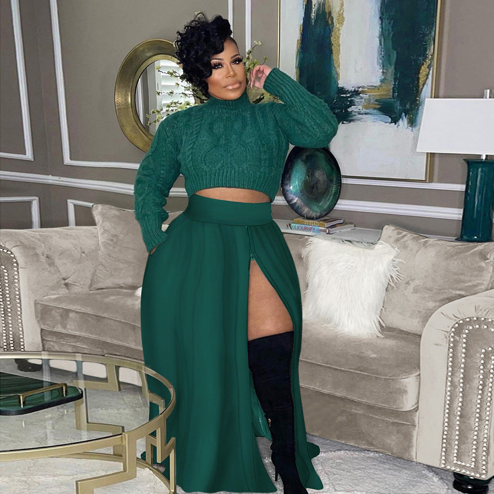 Women Fashion Sexy Plus Size Solid Color Zipper Split Skirt