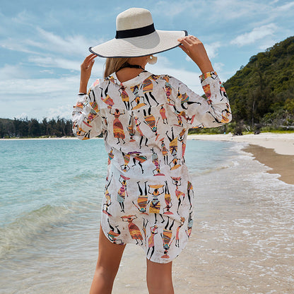Women Fashion Cartoon Pattern Lapel Long-Sleeve Cover-Up