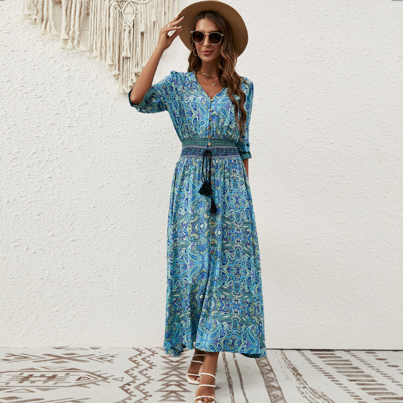 Bohemian Vacation Women Casual V-Neck Maxi Dress