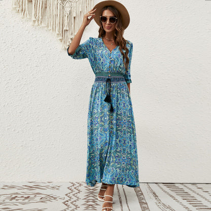 Bohemian Vacation Women Casual V-Neck Maxi Dress
