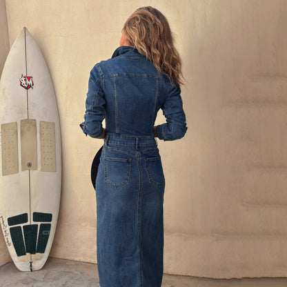 Vestido vaquero informal de manga larga para mujer