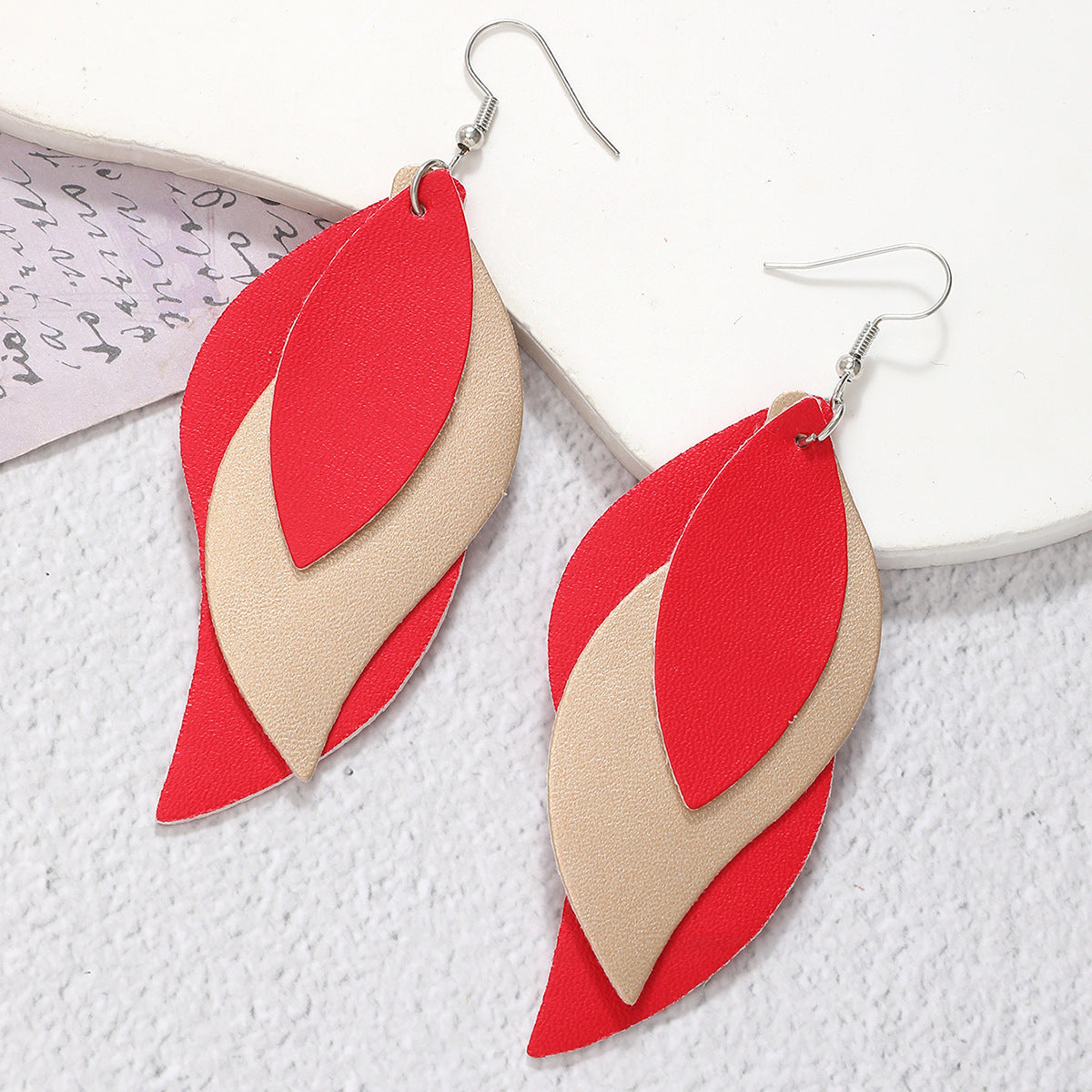 Women Fashion Pu Leather Triple Leaf Shape Earrings