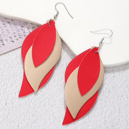Women Fashion Pu Leather Triple Leaf Shape Earrings