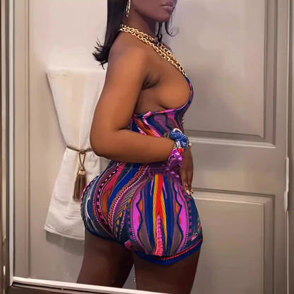 Conjunto de top corto y pantalones cortos de un solo hombro con estampado sexy para mujer
