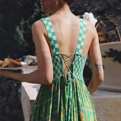 Women Fashion Printed Lace Sleeveless Backless Loose Dress