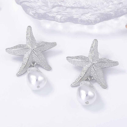 Women Fashion Casual Alloy Starfish Pearl Pendant Earrings