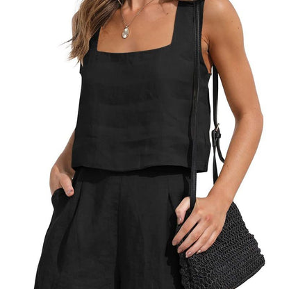 Conjunto de camiseta sin mangas y pantalones cortos de lino liso informal de verano para mujer