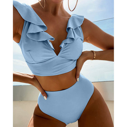 Traje de baño bikini con volantes y escote en V de color liso sexy para mujer