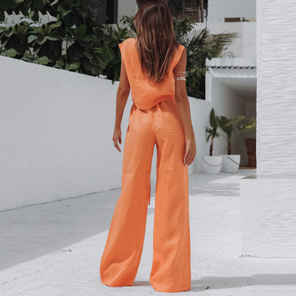 Women Fashion Solid Color Cotton Linen Two-Piece Set