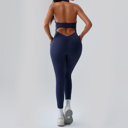 Women Fashion Sexy Solid Color Halter Neck Yoga Jumpsuit