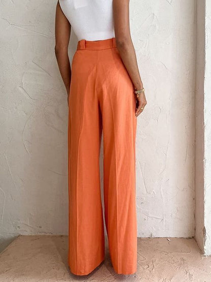 Pantalones anchos de lino y algodón con cintura alta informales a la moda para mujer