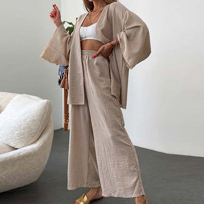 Women Fashion Casual Cotton Linen Cardigan Set